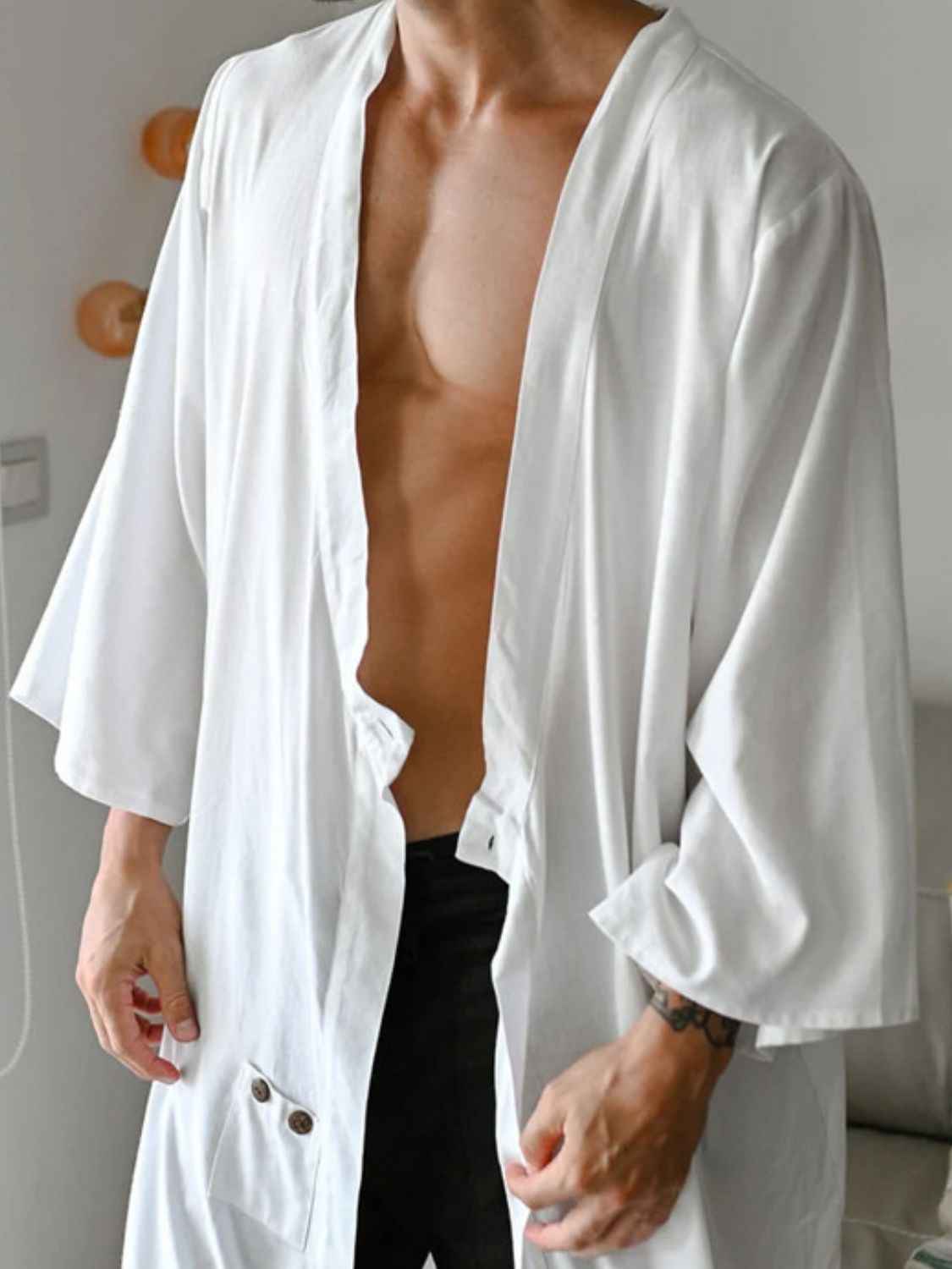 Men's Full Size Button Detail Long Sleeve Cover-Up Plus Size - Damned Threads